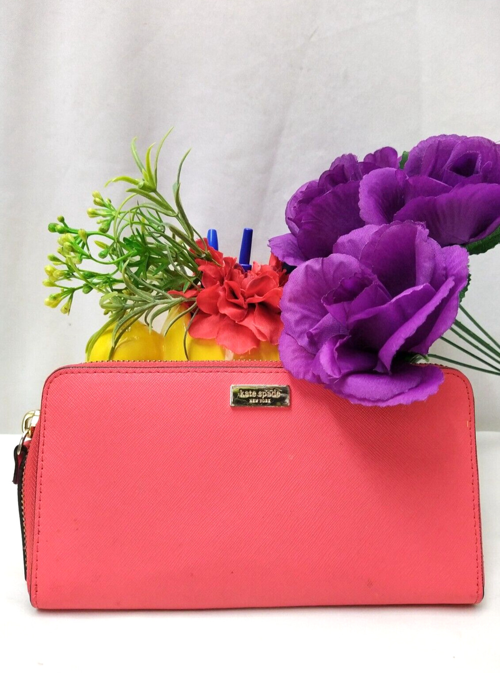Kate Spade New York Coral Orange Leather Zip Around Credit Card Wallet